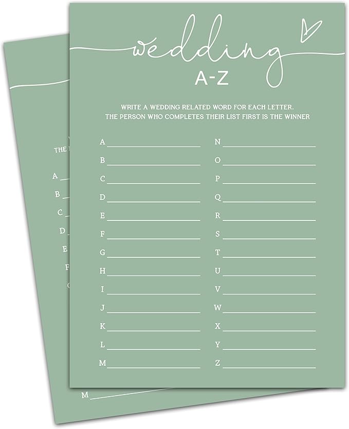 Wedding A-Z Alphabet Item Game, Sea Green Bridal Shower Games, 30 Elegant Game for Bachelorette Engagement Party Reception Supplies - A13