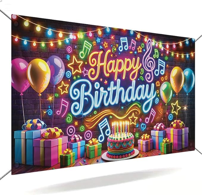 Happy Birthday Banner Backdrop, 71x43 In,Neon Music Theme Birthday Party Decorations with Balloons Cake Gifts, Colorful Brick Wall Background for Boys Girls Kids Birthday Photo Booth Supplies