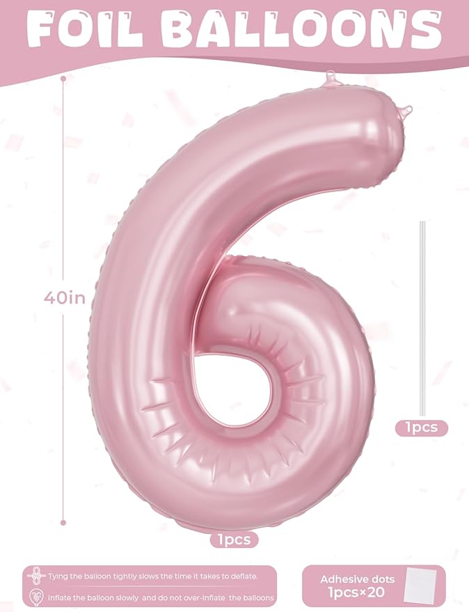 Pink Number 6 Balloons – 40 Inch Giant Foil Number Balloon, Light Pink Number Balloon for Girls Birthday, Baby Shower & Princess Theme Party Decorations