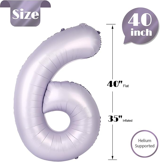 Lilac 6 Balloon, Number Balloons 40 Inch, 6th Balloons for Birthday Decorations, Lavender Party Supplies 6 Birthday Balloon, Number 6 Balloon