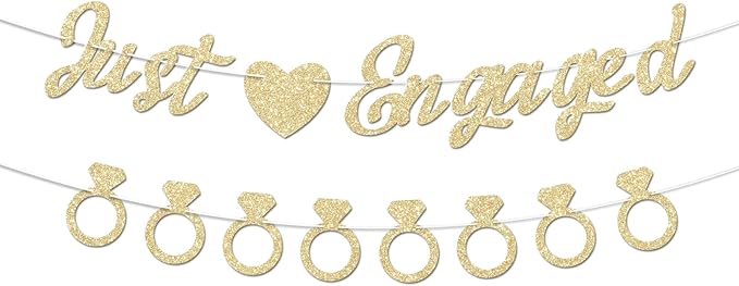 Just Engaged Banner, No DIY, Glitter Champagne Gold Engagement Party Decorations and Diamond Ring Banner Sign for Bridal Shower Wedding Shower Bachelorette Party Decorations.