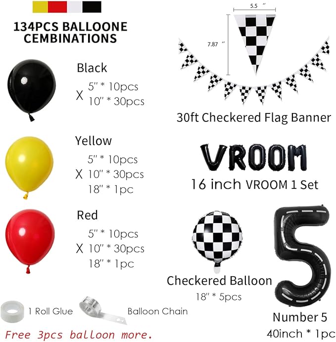 134pcs Balloons Race Car Birthday Party Supplies Decorations for Boys - Racing car Theme Party Supplies Happy Birthday Racecar Number Balloons Garland Kit Vroom Birthday Party Decorations