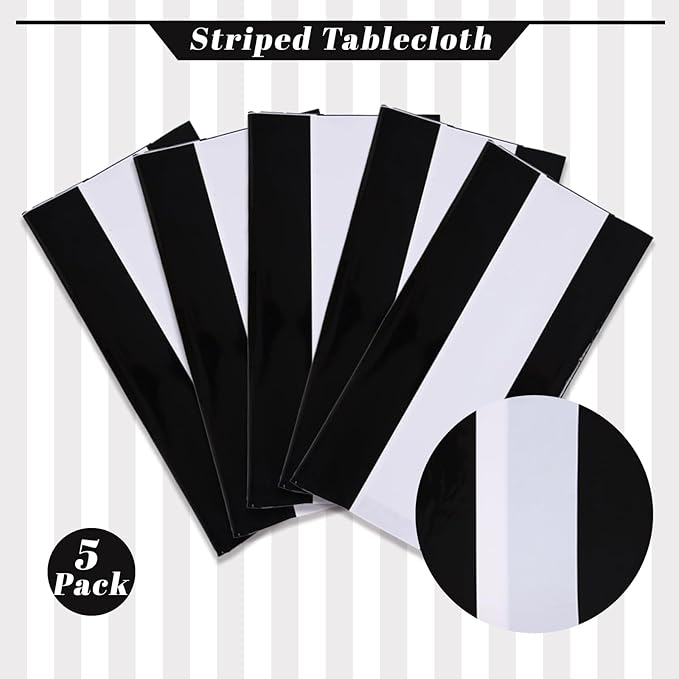 Kesfey 5 Packs Black and White Horizontal Striped Table Cloth 54 x 108 Inch Classic Black Stripe Tablecloths Disposable Plastic Stripe Table Covers Waterproof Picnic Tablecover for Camping Party