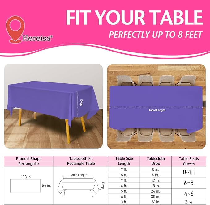 Disposable Plastic Tablecloth Purple 54x108 Inch, 5-Pack Waterproof Rectangular Table Cover for Parties, Picnics, Dining Protection