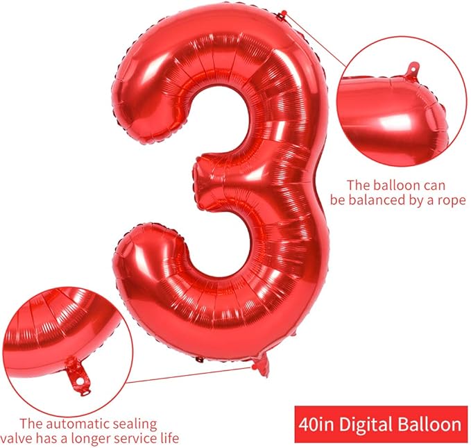 TONIFUL 40 Inch Red Large Numbers Balloons 0-9, Number 3 Digital 3 HeliumFoil Mylar Big Number Balloons for 2026 Mother's Day New Year Eve Graduation Valentine's Day Birthday Party Anniversary Party