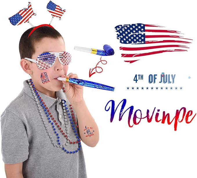 MOVINPE 120 Pcs Patriotic Party Favors, 4th of July Accessories Headbands, Shutter Shades Glasses, Beaded Necklaces, Hand Held USA Flags, Musical Blow Outs, Temporary Tattoos Parades Giveaways