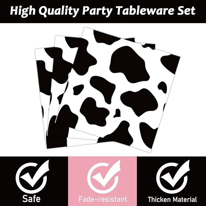 Wiooffen 96 Pcs Cow Print Birthday Party Supplies Farm Animal Cow Print Plates and Napkins Cow Party Tableware Set Cow Themed Party Decoration For 24 Guests