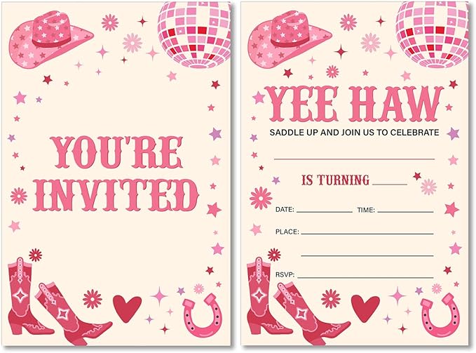Soiceu Pink Disco Cowgirl Birthday Party Invitations with Envelopes Set of 20 Retro Cowgirl Birthday Party Invites