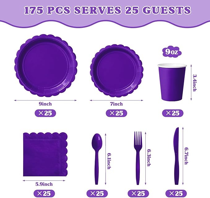 Vyntra 175 Pcs Deep Purple Disposable Paper Plates and Napkins Set for 25, 9" Dinner Plates & 7" Dessert Plates, Tableware for Birthday, Graduation, Party