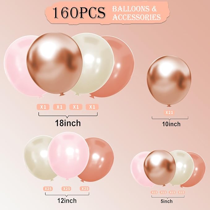 Dusty Pink White Rose Gold Balloons Arch Kit, 160Pcs Boho Retro Pink White Sand Metallic Rose Gold Blush Pink Garland for Girls Baby Shower Bridal Shower Birthday Wedding Party Decorations