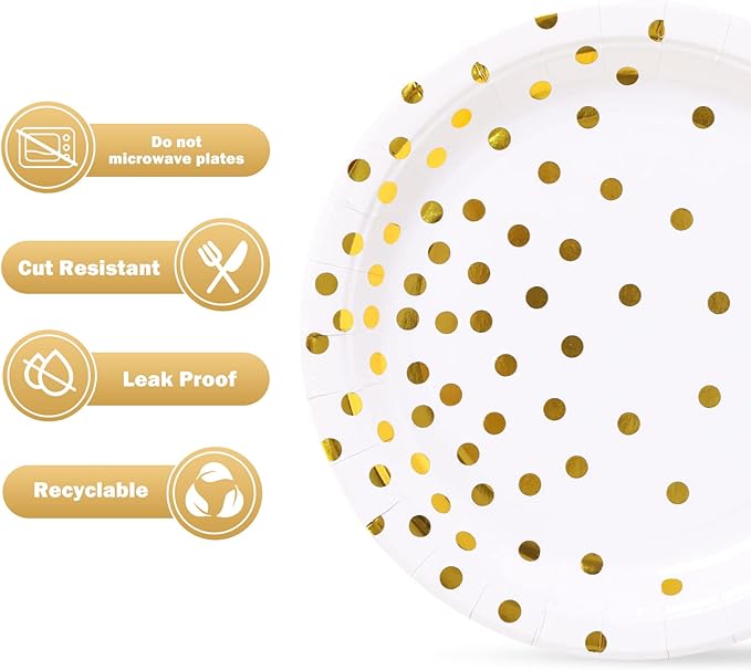 White and Gold Party Supplies, Gold Dot Paper Dessert Plates (50-Count)