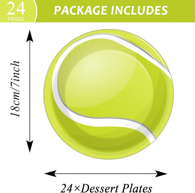 Wiooffen 24pcs Tennis Party Supplies Paper Plates Set Disposable Tableware Pack Tennis Party Dessert Plates Sports Birthday Baby Showers Holidays Decorations, 7"