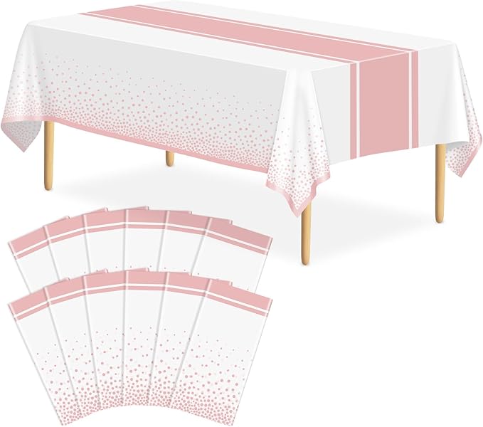12 Pack White and Rose Gold Tablecloth Party Decorations Plastic White Tablecloth Printed Rose Gold Table Runner 54 x108 Inch Disposable Rectangle Table Cover for Birthday Wedding Graduation