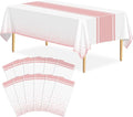 12 Pack White and Rose Gold Tablecloth Party Decorations Plastic White Tablecloth Printed Rose Gold Table Runner 54 x108 Inch Disposable Rectangle Table Cover for Birthday Wedding Graduation