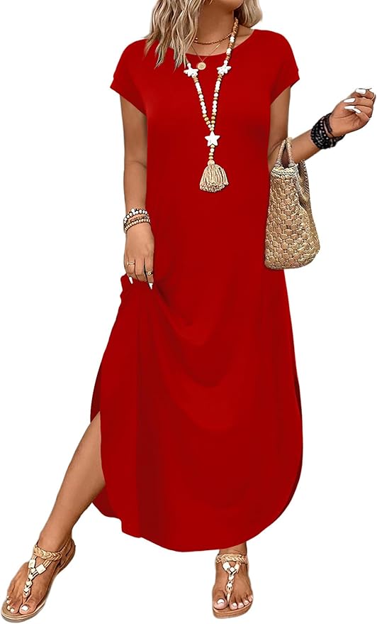 WIHOLL Summer Dresses Cap Sleeve Crewneck Maxi Long Casual Dress with Pockets Beach Vacation Sundresses 2026 Trendy