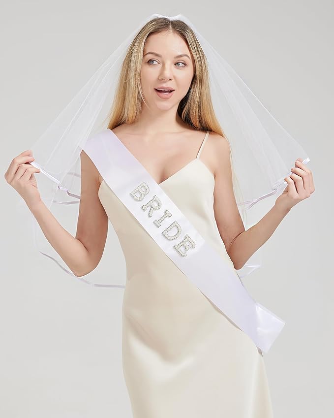 Bride To Be Sash and Bride Veil White for Bachelorette Party, Bach Party Favors Accessory, Bridal Vei and Sash Set