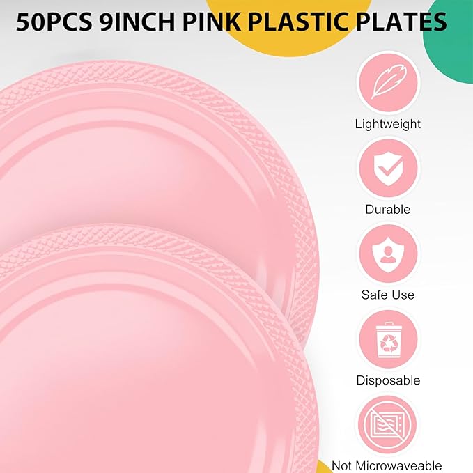 Pink Plastic Plates for Party,Disposable Tableware Kit for Birthday Wedding Baby Shower,50Set