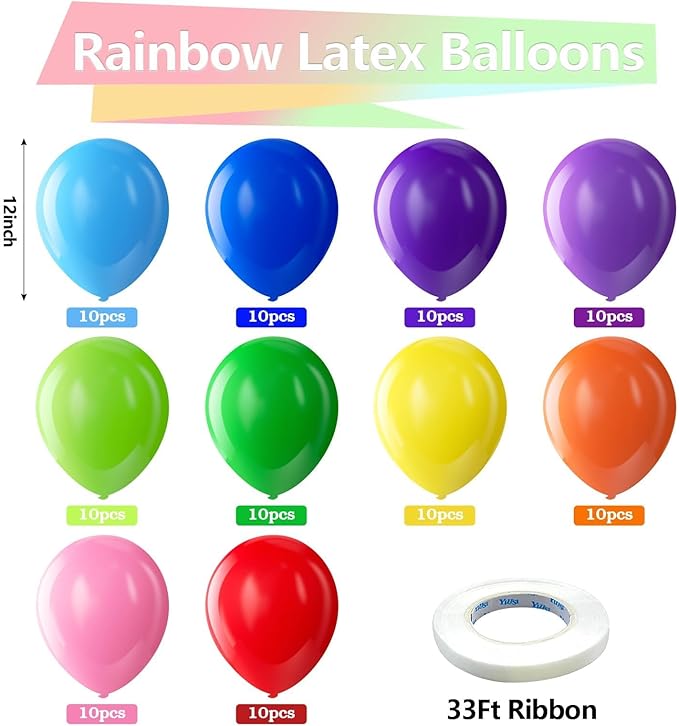 Bezente Assorted Rainbow Latex Balloons, 200 Pack 12 inch Round Helium Bright Color Balloons for Birthday Bridal Shower Wedding Party Decorations