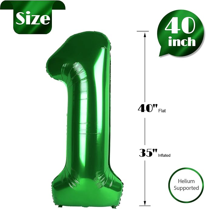 Dark Green Number 1 Balloon 40 Inch, 1st Birthday Balloon for Baby Boy Girl Toddler First Birthday Decorations, Shiny Dark Green Party Supplies