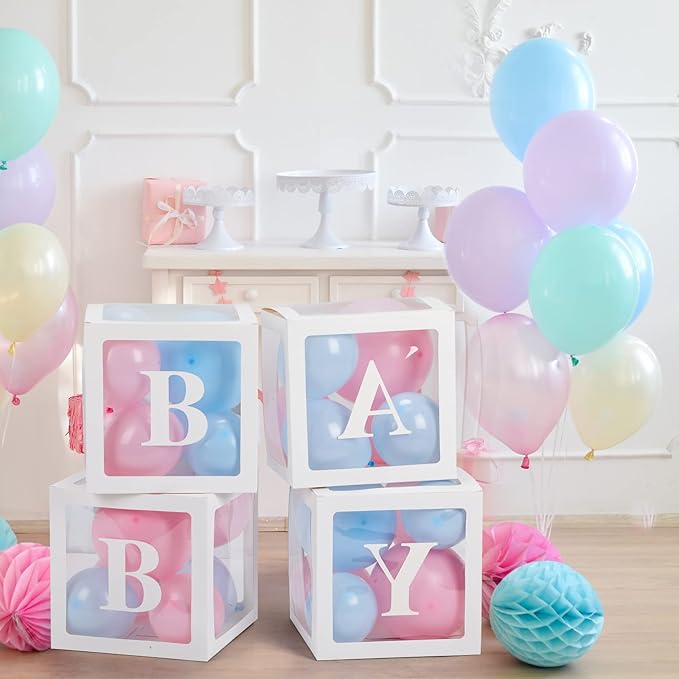 Baby Boxes with Letters for Baby Shower, Gender Reveal Decorations with Blue and Pink Balloons for Gender Reveal Birthday Wedding Baby Shower Decorations
