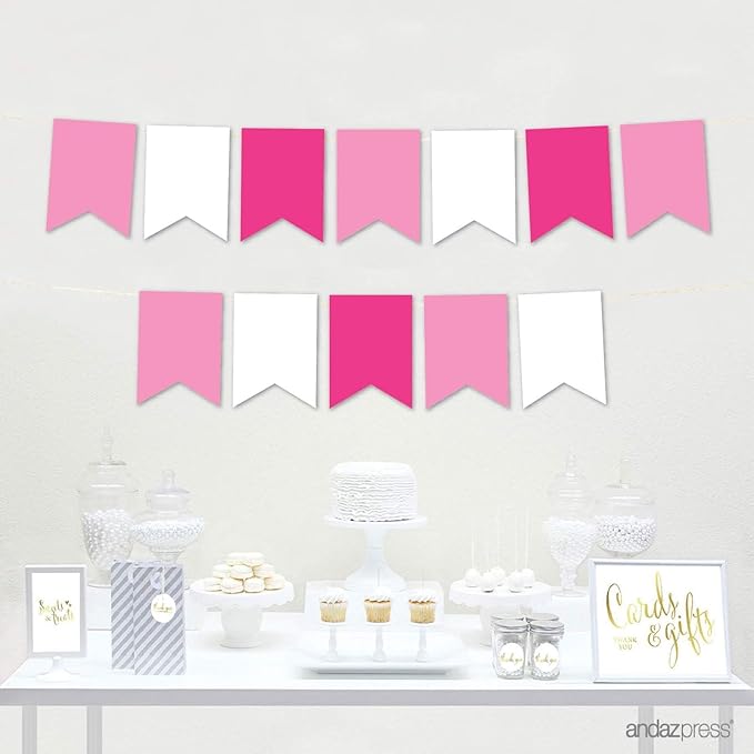 Andaz Press Hanging Pennant Banner with String, Pink, White, Fuchsia, 1-Set, 24 Pennants, Approx. 12-Feet Long, Girl's Birthday Theme Colored Supplies
