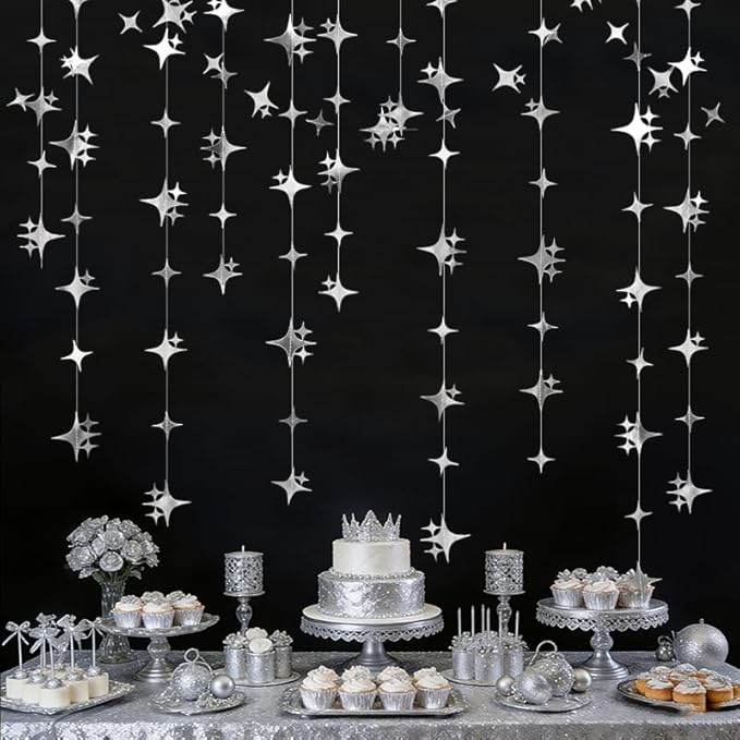 Glitter Silver Four-Angle Star Paper Garland Banner Décor 40 Feet Twinkle Silver Star Hanging Bunting Banner Backdrop for Wedding Baby Shower Birthday Graduation Disco Party Decorations