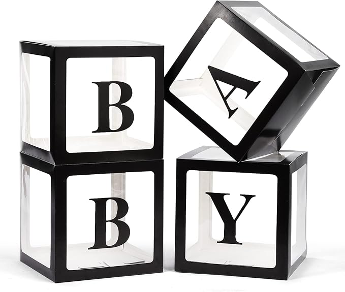 Baby Boxes with Letters for Baby Shower, 4 Transparent Balloon Boxes with Letters for Gender Reveal Birthday Wedding Baby Shower Decorations (Black)