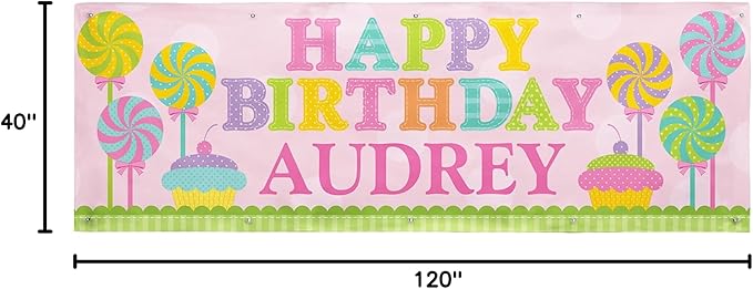 Let's Make Memories Personalized Pink Happy Birthday Banner for Kids - Custom Birthday Party Decorations - Indoor/Outdoor Vinyl - Any Name - Sweets Design - 10ft