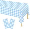 2 Pcs Light Blue Checkered Tablecloth 54 ×108 Inches Rectangle Blue Gingham Tablecloth Disposable Plastic Waterproof Table Cover for Outdoor Picnic, Kitchen, Holiday Birthday Party