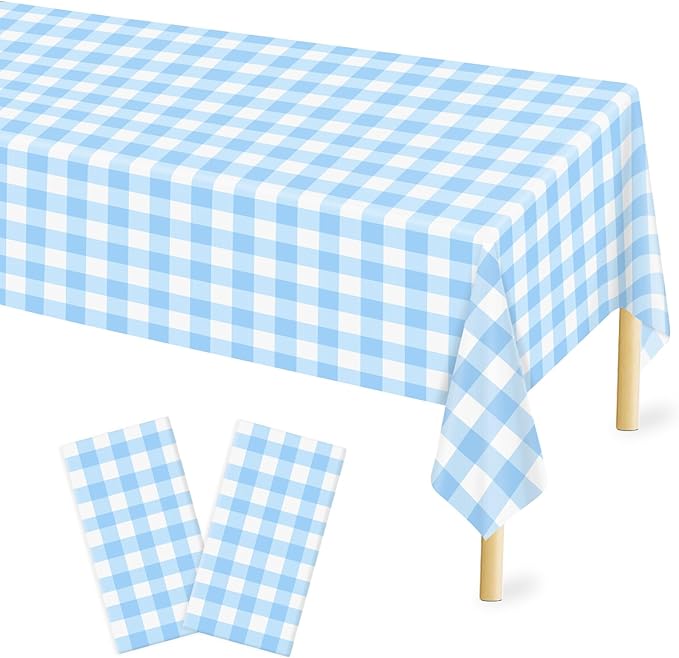 2 Pcs Light Blue Checkered Tablecloth 54 ×108 Inches Rectangle Blue Gingham Tablecloth Disposable Plastic Waterproof Table Cover for Outdoor Picnic, Kitchen, Holiday Birthday Party
