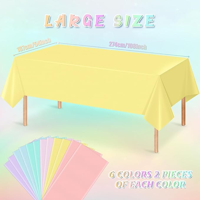 12Pcs Pastel Tablecloths, Rainbow Mix Color Plastic Tablecloth Disposable Rectangle Table Covers for Baby Shower,Bridal,Wedding, Easter,Birthday and Ice Cream Party Decoration, 54 x 108 Inch