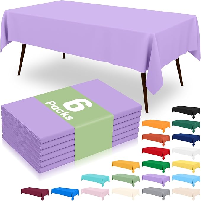 misaya 6 Packs Disposable Plastic Table Cloth, 54 x 108 Inch Waterproof Rectangle Tablecloth, Leakproof & Sturdy Decorative Table Covers for Easter, Picnic, Party and Outdoor, Lavender