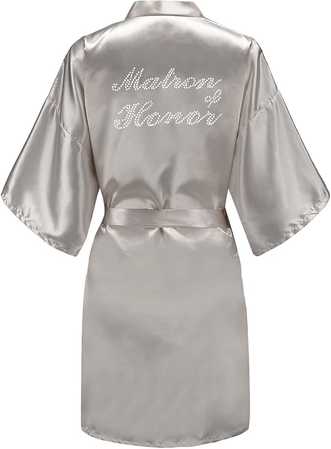 EPLAZA Women's One Size Silver Rhinestones Bride Bridesmaid Short Satin Robes for Wedding Party Getting Ready