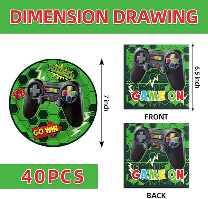 40Pcs Green Video Game Birthday Party Plates and Napkins for 20 Guests Tableware Video Game Supplies for Kids Boys Baby Shower Birthday Party Decorations