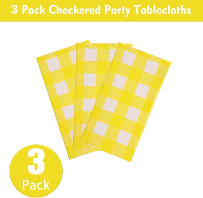 Kesfey 3 Packs Yellow Gingham Tablecloth 54 x 108 Inches Yellow and White Checkered Table Cloths Disposable Plastic Gingham Tablecovers Waterproof Rectangle Picnic Plaid Table Cover for Camping Party
