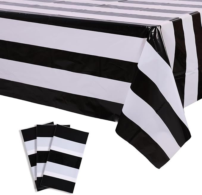 Kesfey 3 Packs Black and White Vertical Striped Tablecloth 54 x 108 Inch Geometric Black Stripe Table Cloths Disposable Plastic Stripe Table Covers Waterproof Picnic Tablecover for Camping Party