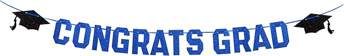 Gexolenu Blue Class of 2025 Graduation Theme Party Decoration Banner, Congrats Grad, Black Glitter Graduation, 2026 Black Congratulations Grad Party Decorations