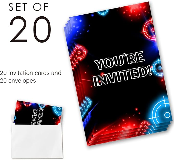 Laser Tag Birthday Invitation Supplies with Envelopes Set of 20 Bruh Neon Glow Laser Party Invite Fill in Blank, Double Sided