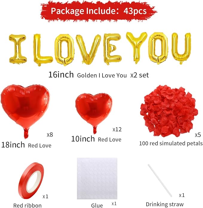 2 set 16 inch I Love You Balloons and Heart Balloon with 500 Pieces Rose Petals, Gold I Love You Letter Balloons for Him/Her Valentines Day Decorations Wedding Anniversary Engagement