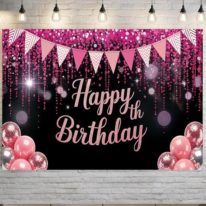 Happy Birthday Banner Pink Glitter Party Decoration Banner 71 x 43 Inch Birthday Celebration Backdrop Wall Hanging Decoration Indoor Party Display