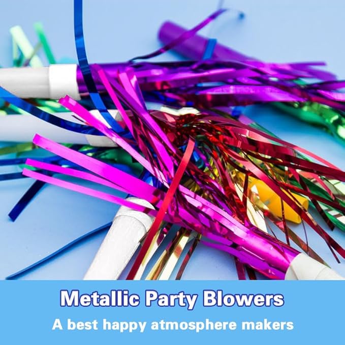 Lovecheer 24/60PCS Fringed Foil Party Noisemakers Metallic Fringed Party Blowers for Adults Birthday Wedding New Year Christmas Blowouts