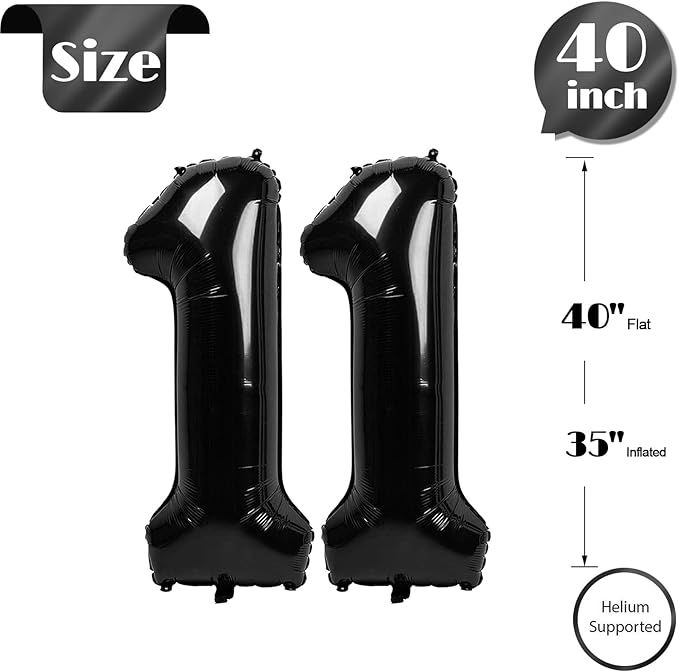 11 Balloon Number, Black Number 11th Birthday Balloons 40 Inch, 11 Years Old Black Birthday Decorations for Boys Girls, 11th Anniversary Decorations