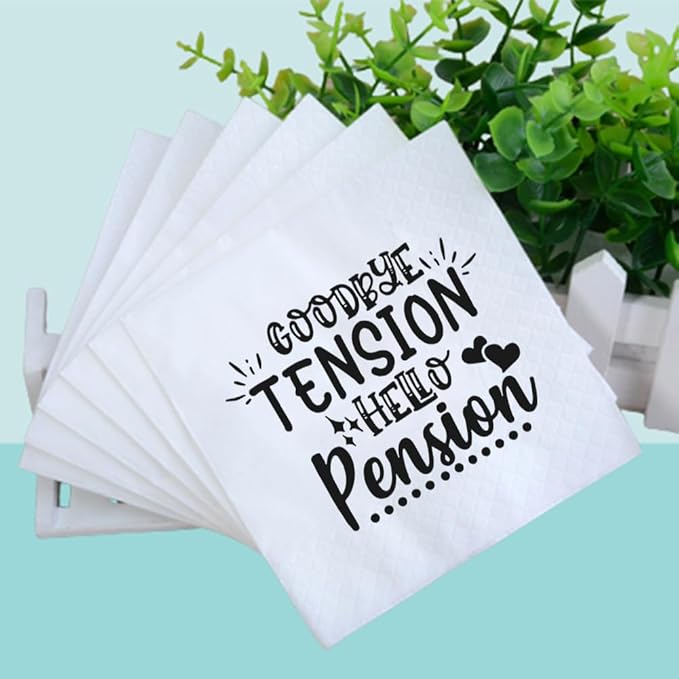 Retirement Cocktail Napkins Party Napkins Beverage Napkins Bar Napkins Disposable Paper Novelty Humorous Gag Gift 100Pcs 4.5 x 4.5 13-ply (Goodby Tension Hello Pension)