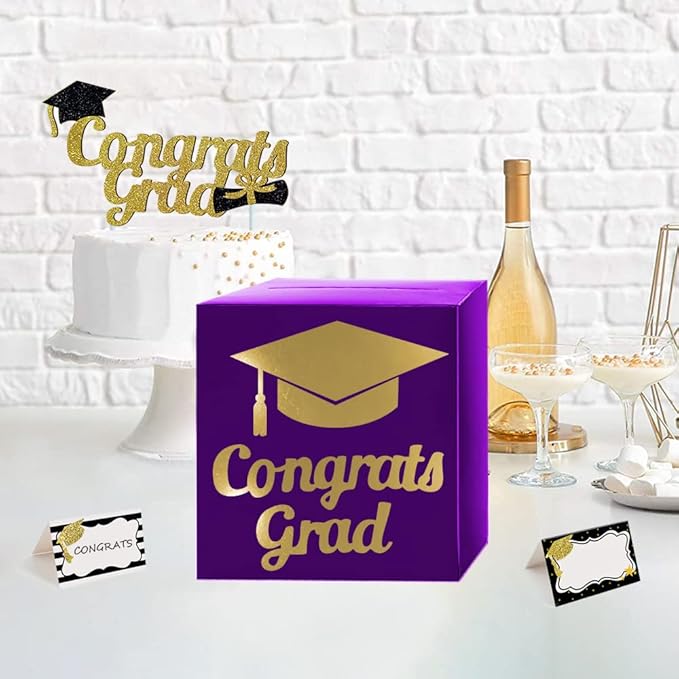 Graduation Card Box Holder, Congrats Grad Foldable Cardboard Decorations Box for Graduation Party Decoration and Grad Parties (Purple)