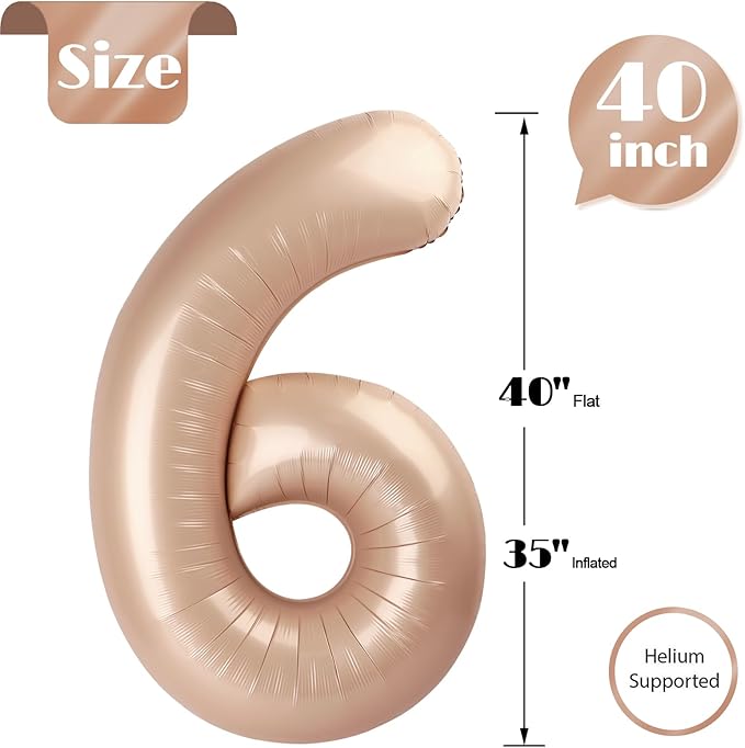 Light Brown Number 6 Balloon 40 Inch, 6 Balloon Number, 6th Birthday Decorations, Light Brown Party Supplies for Boys Girls