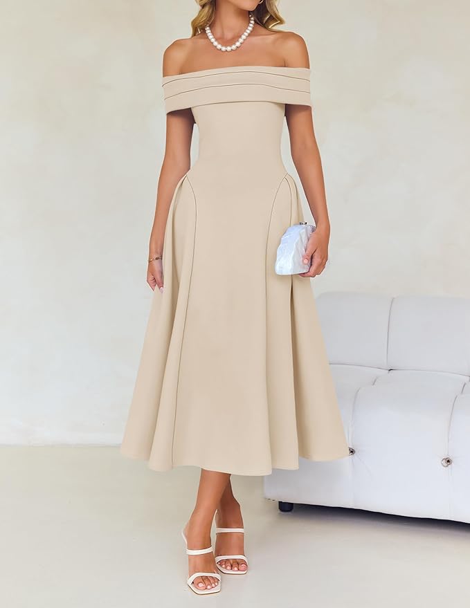 ZESICA Summer 2026 Cocktail Dresses for Women's Off Shoulder Short Sleeve Swing A Line Wedding Evening Party Midi Dress