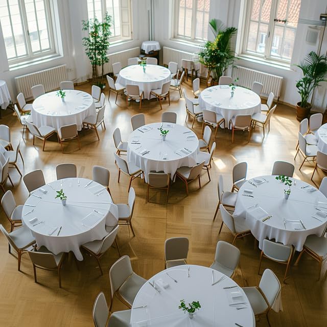 White Plastic Table Cloth Round Table 15 Pack, 84'' Tablecloth for Round Tables, Table Cloth for Disposable Use, Table Cover for Holiday Party, Gathering