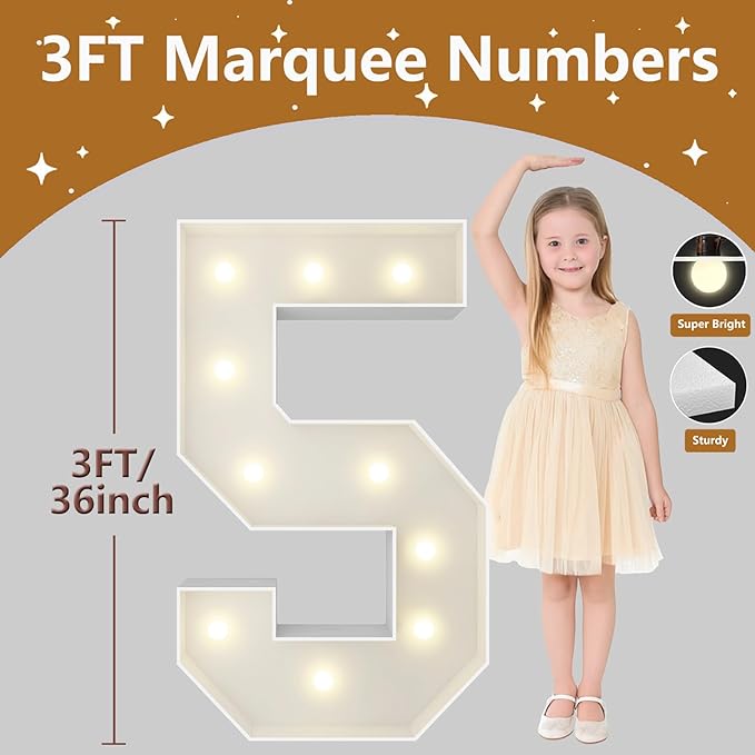 3FT Marquee Light Up Numbers, Giant Marquee Numbers, Pre-cut DIY Foam Board Number 5 for 15th 25th Birthday Decorations, 50th Anniversary Decor, 50th Wedding Party Decoration