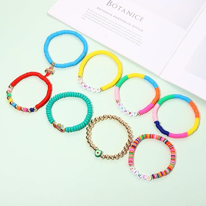 Surfer Heishi Bracelets for Women Stackable Rainbow Vinyl Disc Clay Beaded Stretch Bracelets Elastic Layering Friendship Bracelets Boho Summer Beach Jewelry
