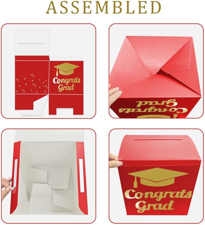 Graduation Card Box Holder, Congrats Grad Foldable Cardboard Decorations Box for Graduation Party Decoration and Grad Parties (Red)